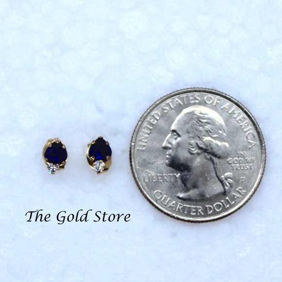 Solid Gold Blue Sapphire CZ diamond earrings - Picture 4 of 5